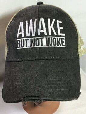 Awake But Not Woke Cap Hat Gray/Tan Awaken With JP Snapback Distressed NWOT